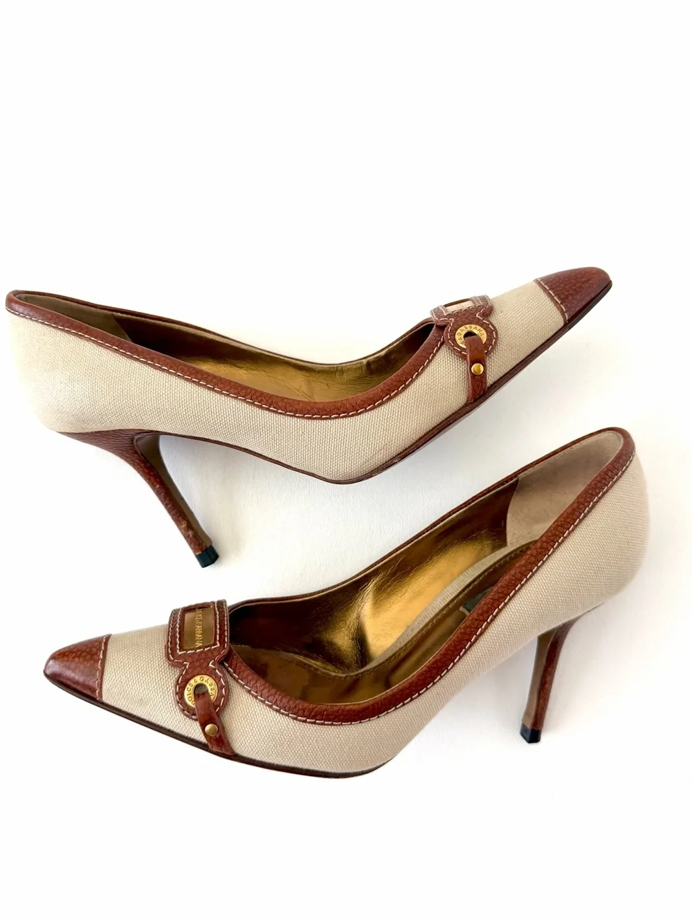 DOLCE & GABBANA | Vintage Canvas Leather Pointed Toe Pumps Heels EU 36.5